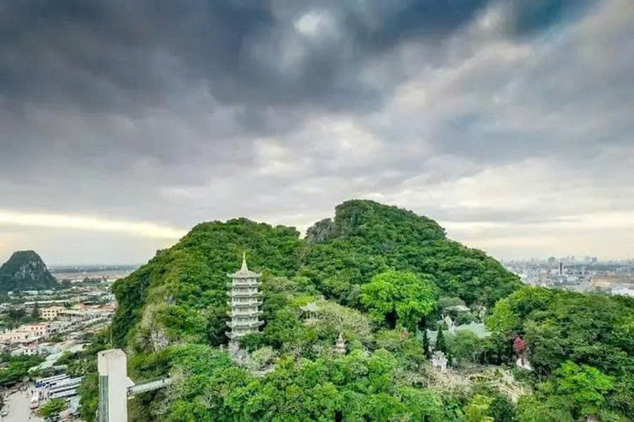 Buddhist pagoda and panoramic view of Thuy Son in Marble Mountains Da Nang