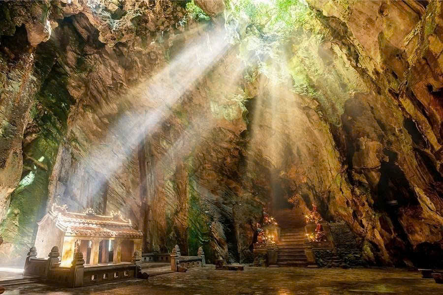 Buddhist shrine inside Huyen Khong Cave at Marble Mountains in Da Nang