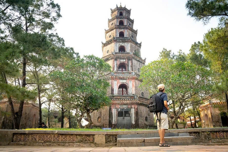 Thien Mu Pagoda overlooking the Perfume River in Hue, Vietnam
