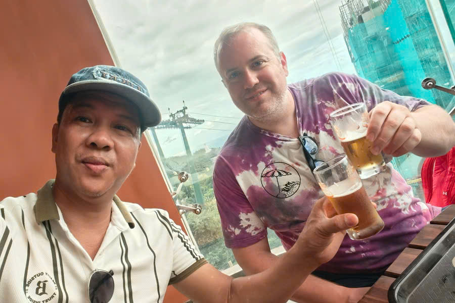 Viet Nguyen and guests enjoying drinks at Beer Plaza in Sun World Ba Na Hills