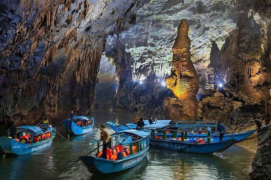 Boat exploring the underground river inside Phong Nha Cave