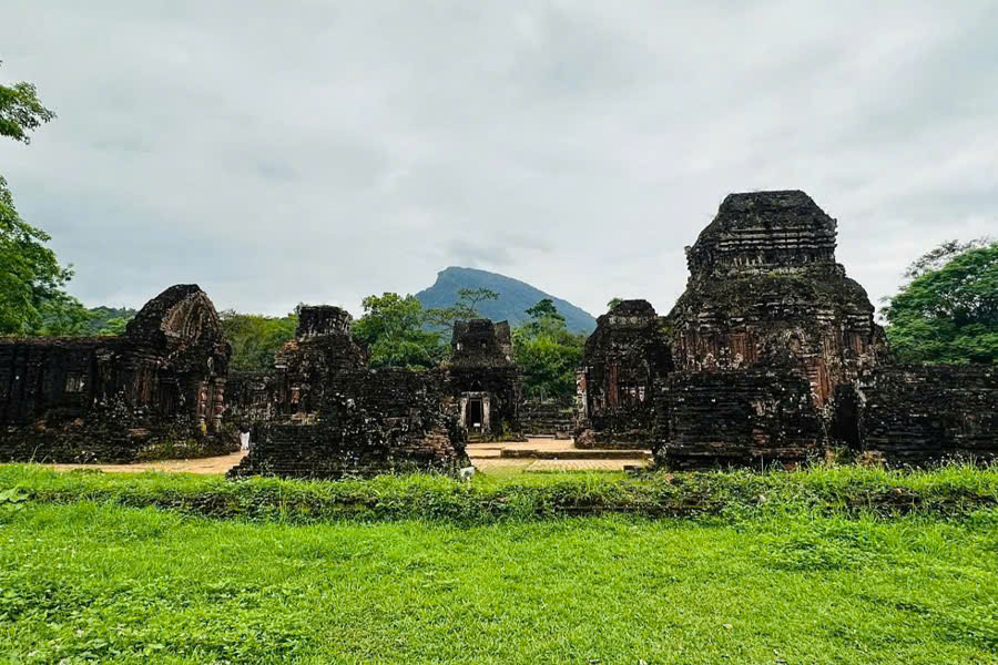 Ancient red-brick Cham temple towers at My Son Sanctuary in Central Vietnam